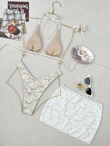 女士三件套沙滩装：三角上衣、高腰泳裤和波西米亚蕾丝花卉网纱纱笼裙，系带露背蝴蝶结设计，夏季沙滩比基尼泳装度假白色 - 白色 - 查看 5