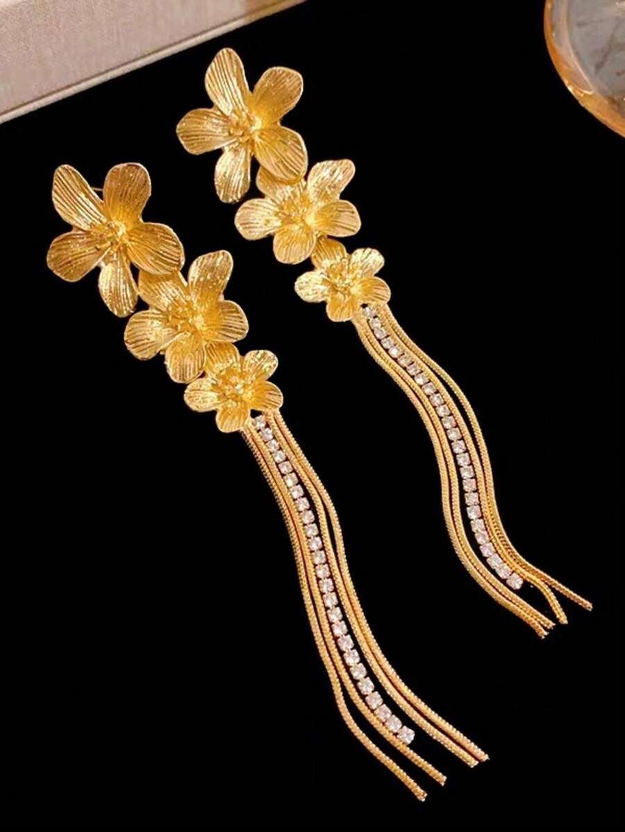 1 Pair Metallic Floral Long Dangle Earrings, Exaggerated Personalized Earrings With Rhinestones & Tassels, New Chinese Style Jewelry - Gold - View 1