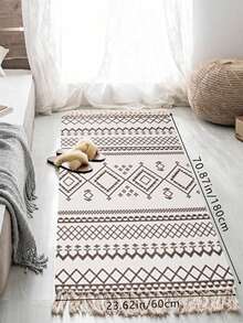 1件手工编织流苏地毯，复古几何图案亚麻卧室/客厅装饰地毯，波西米亚复古可水洗亚麻地毯 - 波西米亞 - 查看 11