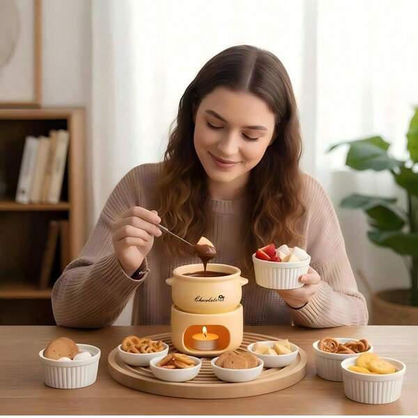 1 Set Ceramic Chocolate Melting Oven Kit, Ceramic Mini Hot Pot Set (Candles Not Included) - Mini Melting Cup For Melting Chocolate, Cheese Dip And Candy Heating - Compact Dessert Party Set, Ideal For Date Night, Wedding, Birthday Party And Valentine's Day Gift - Easy To Clean