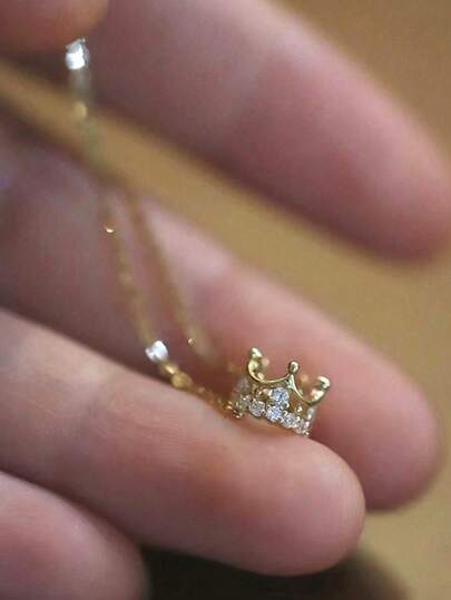 1pc 925 Sterling Silver Luxury Vintage Crown Zirconia Gold-Plated Pendant Necklace, Suitable For Women/Girlfriend, Fashion Jewelry Gift For Party, Birthday, Daily Wear