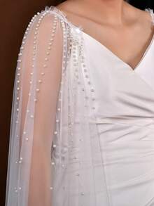 2件套仿珍珠新娘披肩，白色中长款薄纱披肩，适合婚礼、派对、旅行、摄影，配有安全别针，可拆卸 - 彩色 - 查看 4