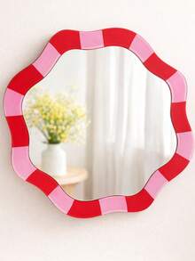 波浪形边框卧室镜，红粉条纹美学梳妆镜，可爱Y2K宿舍墙面装饰，少女房间挂镜，时尚化妆镜，公寓家居装饰，粉色少女墙面点缀，复古花卉装饰客厅梳妆镜 - 圓形波浪紋 - 查看 5