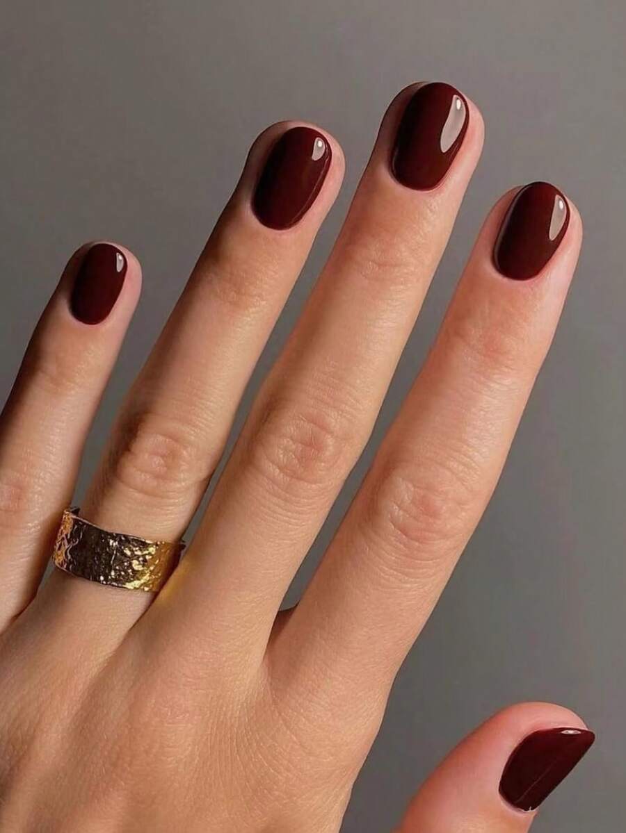 24片中性短方形美甲贴纸，酒红色纯色，亚克力按压式美甲贴，假指甲，美甲套装，全覆盖可卸，持久耐用，包含1张贴纸和1个迷你指甲锉 - 酒紅色 - 查看 1