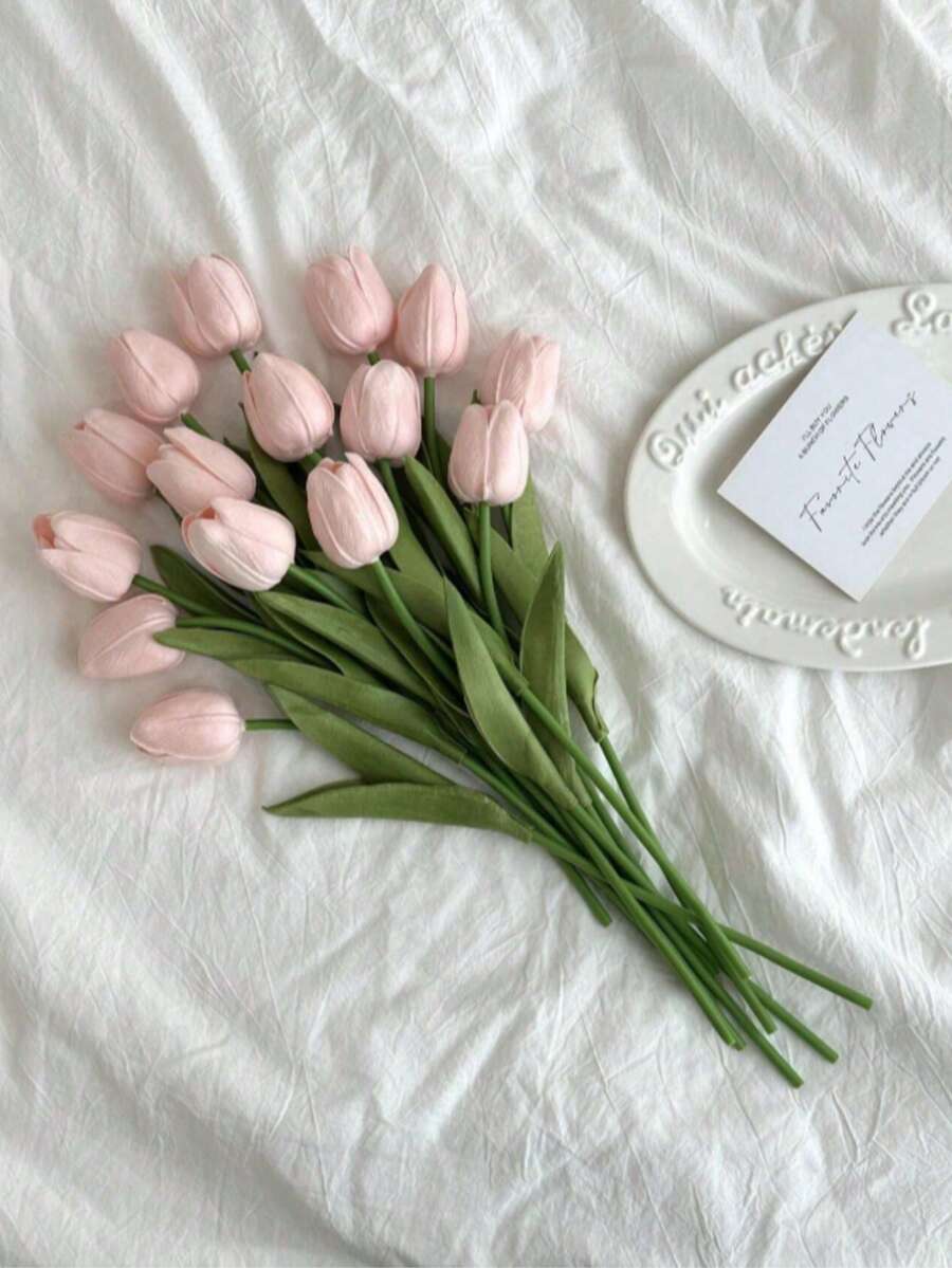 3pcs Artificial Tulip Flowers Decor, Home Decoration Lifelike Fake Flowers For Living Room & Bedroom - Dusty Pink - View 1