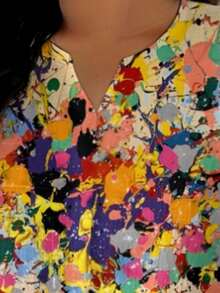 Colorful Splatter Print Women's Pointed Collar Short-Sleeved Trousers Two-Piece Set, Dazzling And Eye-Catching, Made Of Polyester Fiber Fabric, Lightweight And Breathable, Perfect For Casual Vacation Wear. - 彩色 - 查看 4