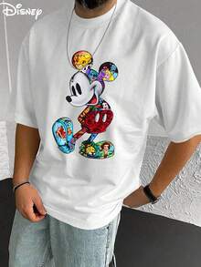 Disney Men's Casual T-Shirt, Mickey Art Collage Print, Colorful Design, Comfortable Soft Fabric, Ideal For Creative Fans - 白色 - 查看 1