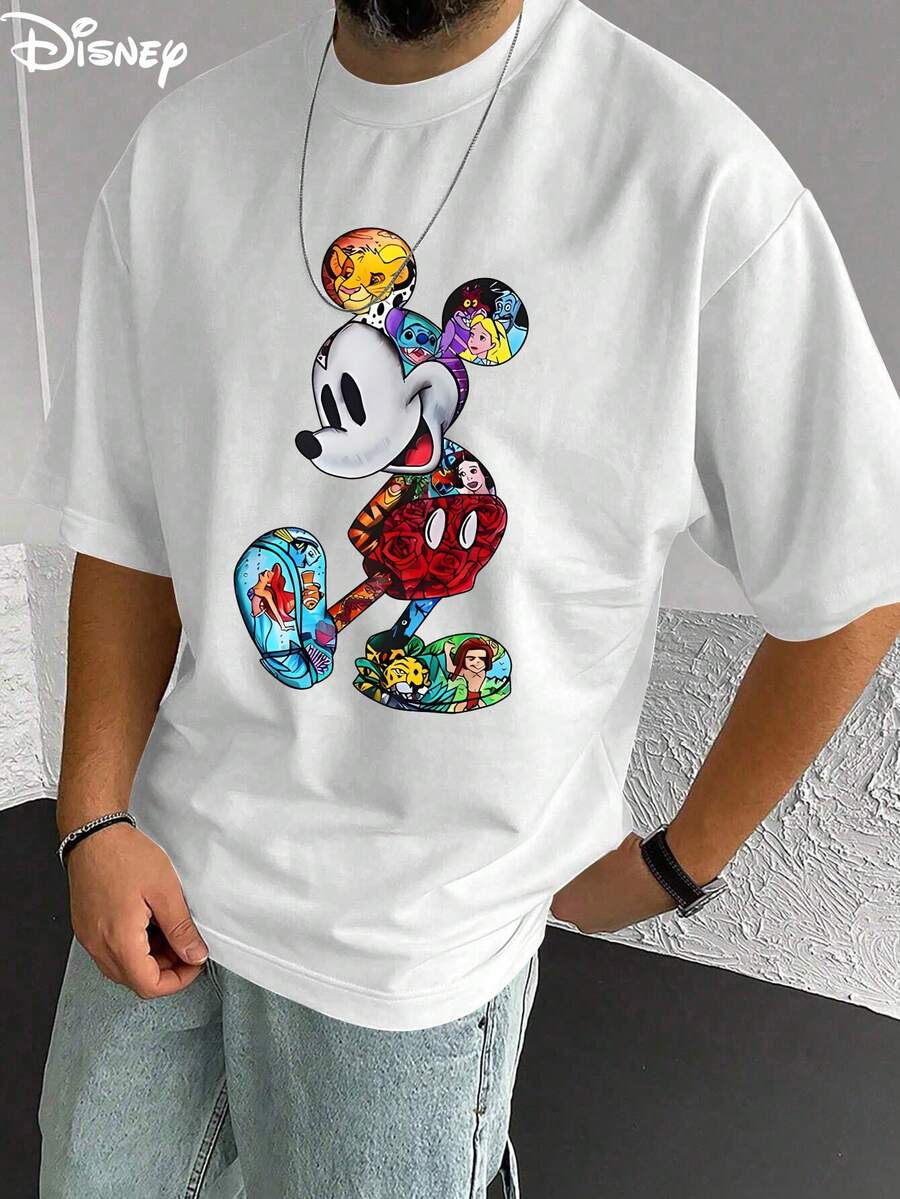 Disney Men's Casual T-Shirt, Mickey Art Collage Print, Colorful Design, Comfortable Soft Fabric, Ideal For Creative Fans - 白色 - 查看 1