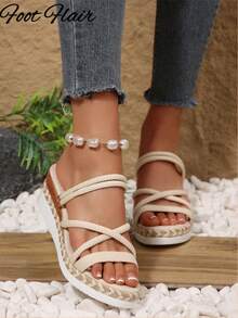 Foot Flair Plus Size Women's Woven Strap Open Toe Rope Sole Wedge Platform Sandals Beach Vacation Style Spring Summer Fashion Versatile Comfortable Roman Sandals - Beige - View 3