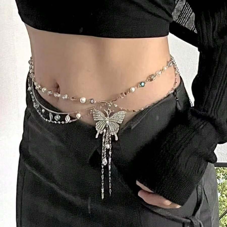 1pc European And American Minimalist Butterfly Tassel Multi-Layer Beaded Waist Chain, Unique Elegant Fashionable Elegant Sexy Waist Chain, Women's Holiday Gift Party Jewelry - Multicolor - View 1