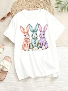 Plus Size Women's T-Shirt With Colorful Bunny Design Spring And Easter Theme Perfect For Casual Wear Outings And Festive Occasions Round Neck Style Fashionable And Versatile Machine Washable Suitable For All Seasons - White - View 3
