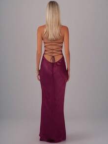 New European American Style Sexy Strapless Sequin Satin Solid Color Backless Tie Bodycon Maxi Dress - 紫色 - 查看 2