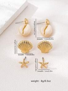 Set de 6 piezas de aretes con tema oceánico y estilo de playa con conchas y estrellas de mar - Amarillo Oro - Ver 3