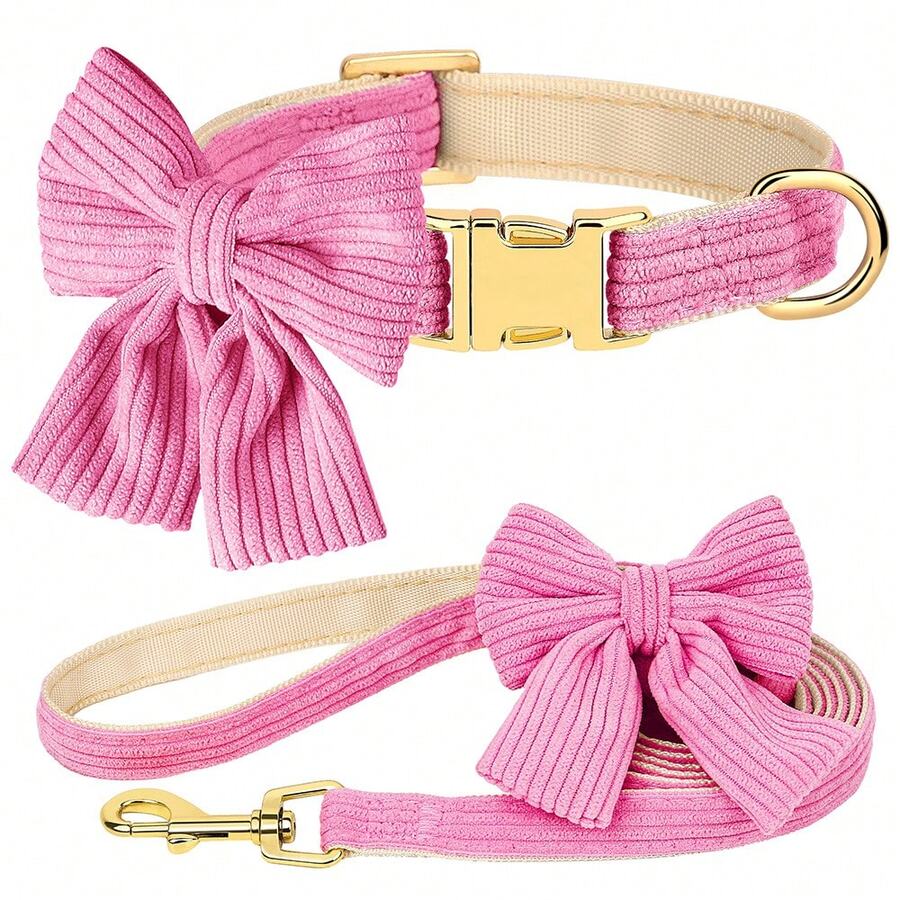 1pc Nylon Adjustable Pet Dog/Cat Collar & Leash Set With Bow Tie, Cute For Chihuahua, Poodle And Other Small/Medium Breeds - Hot Pink - View 1