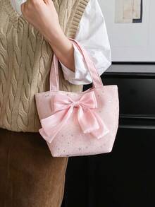 Bow Decor Minimalist Women's Handbag, Lightweight Large Capacity Fashion Bucket Bag, Suitable For Commuting And Shopping - Pink - View 3