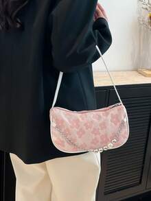 时尚链条单肩包、手提包、珍珠链条装饰女士腋下法棍包、花卉图案休闲托特包、小钱包、通勤包、手机包 - 粉色 - 查看 3