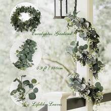 1/2pcs Artificial Eucalyptus Wreath, White Flowers, 5.9ft/180cm Silver Eucalyptus Leaves & Gypsophila Wreath, Artificial Greenery Garland, Suitable For Wedding, Party, Fireplace, Table Runner, Home Decor, Office Decor, Summer Decor - Apple Leaf Cane-green - View 8