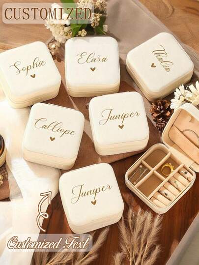 קופסת תכשיטים מלבנית קלאסית להתאמה אישית עם בטנת בד, סגירת רוכסן ותא עם כפתור, קופסת מתנה רב תכליתית לשושבינה - ללא צורך בחשמל, אחסון תכשיטים | עיצוב בצורת לב | פנים מצופה בד, קופסת מתנה לתכשיטים, קופסת תכשיטים