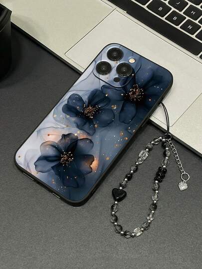 2D墨水花卉印花时尚设计暗黑恐怖宗教元素直边磨砂手机保护壳，配有腕带，兼容苹果X/XS/XSMAX/XR/11/12/13/14/15/16/16PRO/16PROMAX，三星Galaxy A05/A15/A25/A35/A53/A54/A55/A56/S23/S24/25