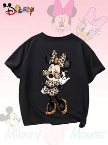 Officially Licensed Disney Cute Minnie Mouse Leopard Outfit Graphic Girls Adorable T Shirt Comfortable Versatile For Playdates And Family Outings - 黑色 - 查看 2