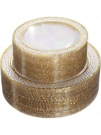 1 Set Transparent Dual-Rim Pomegranate Pattern Plates, Rainbow Dual-Rim Hammered Plates, Includes 7.5-Inch Small Plate And 10.25-Inch Large Plate, Two Sizes Available, Stackable, Suitable For Outdoor Picnics, Weddings, Parties, Birthdays, Holidays, Dining Events And Various Occasions