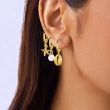 Starfish & Shell Faux Pearl Tassel Pendant Earrings Set, Copper Material, Fashion Layered Wear, Cute Beach Vacation Style, Minimalist Elegant Retro Design, Suitable For Holiday, Party, Date, Daily Wear - Yellow Gold - View 1