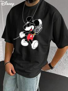 Disney Men's Casual T-Shirt, Hip-Hop Mickey Print, Retro Street Design, Comfortable Soft Fabric, Ideal For Music & Disney Fans - 黑色 - 查看 1