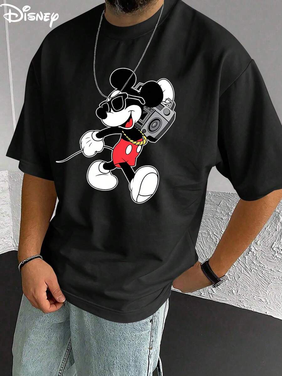 Disney Men's Casual T-Shirt, Hip-Hop Mickey Print, Retro Street Design, Comfortable Soft Fabric, Ideal For Music & Disney Fans - 黑色 - 查看 1