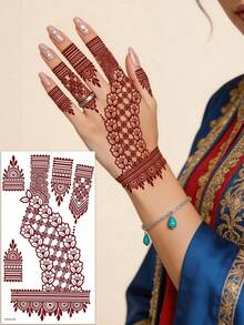 4张全手花卉海娜纹身贴纸，棕红色手指和脚趾纹身贴纸，女士花卉海娜纹身贴纸，防水红棕色人体彩绘纹身贴纸，人体彩绘纹身贴纸，红色纹身贴纸，专为婚礼和派对设计。 - 紅色 - 查看 2