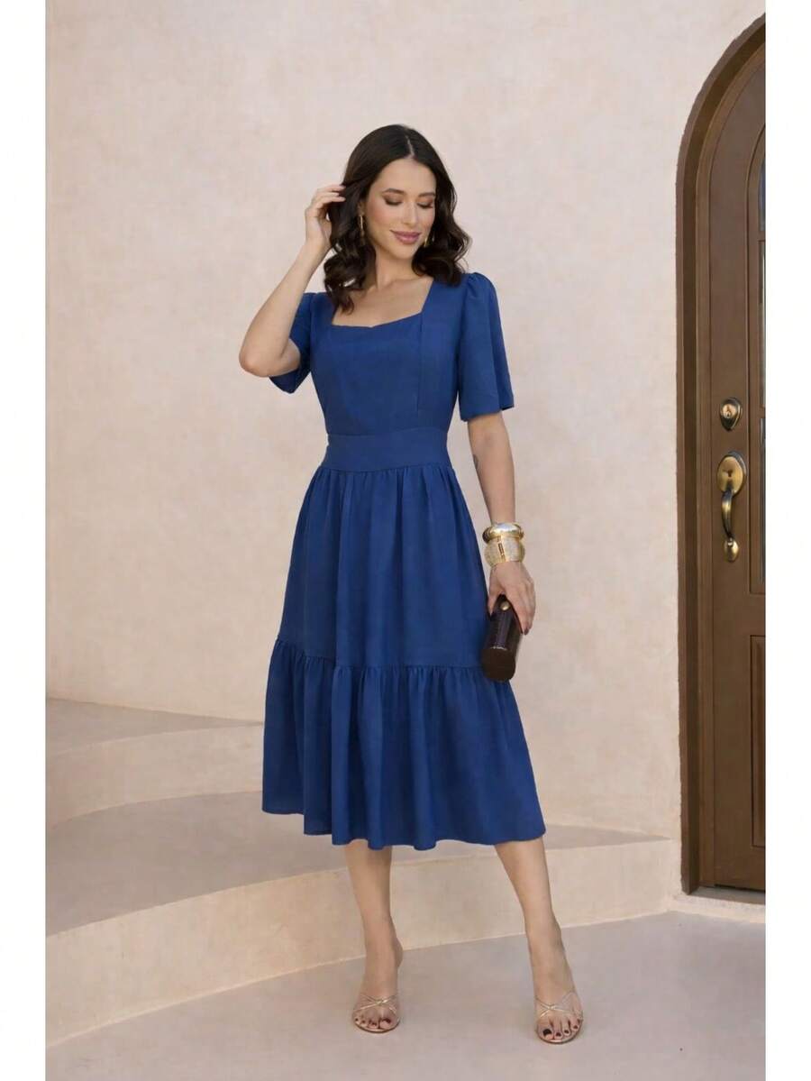 Women's Luxury Elegant Midi Dress - New Release - Plain - Flare Sleeve - Spring/Summer - Christmas/New Year's - 水鴨藍 - 查看 1