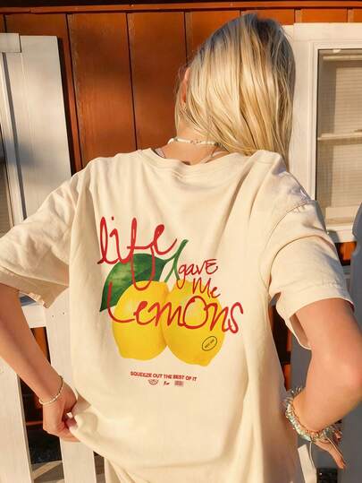 夏季新款女装“生活给了我柠檬”水彩柠檬字母印花柔软宽松短袖T恤，清新休闲度假风，舒适百搭，适合日常出行、闺蜜下午茶、夏季海滩、周末市集等场合。