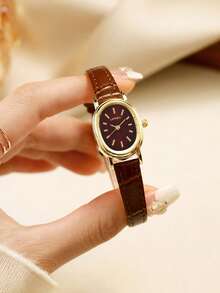 LIANDU LIANDU 1pc Vintage Fashionable Minimalist Casual Women's Wrist Watch, Oval Case, PU Strap, Delicate Small Dial With Rhinestone Decor, Elegant & Charming, Suitable For Daily Wear, Birthday Gift, Party, Holiday Gathering, Ideal Choice For Yourself Or Friends - màu nâu - Xem 7