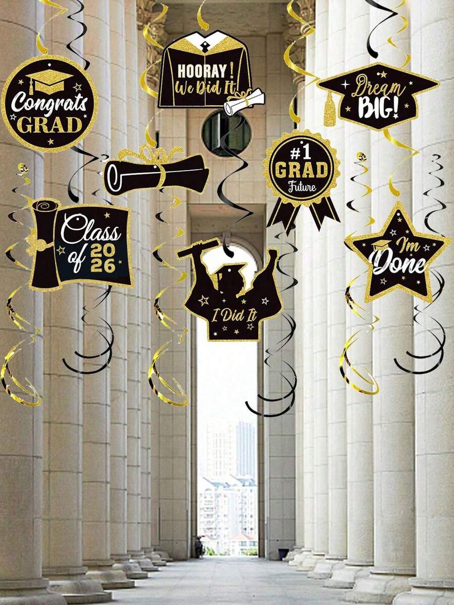 12pcs Gold & Black 2026 Graduation Decorations, Suitable For Graduation Party Ceiling Decor, Photo Booth Props, 2026 Graduation Party Decorations, Party Supplies, Graduation Gifts, Grad Accessories - Multicolor - View 1