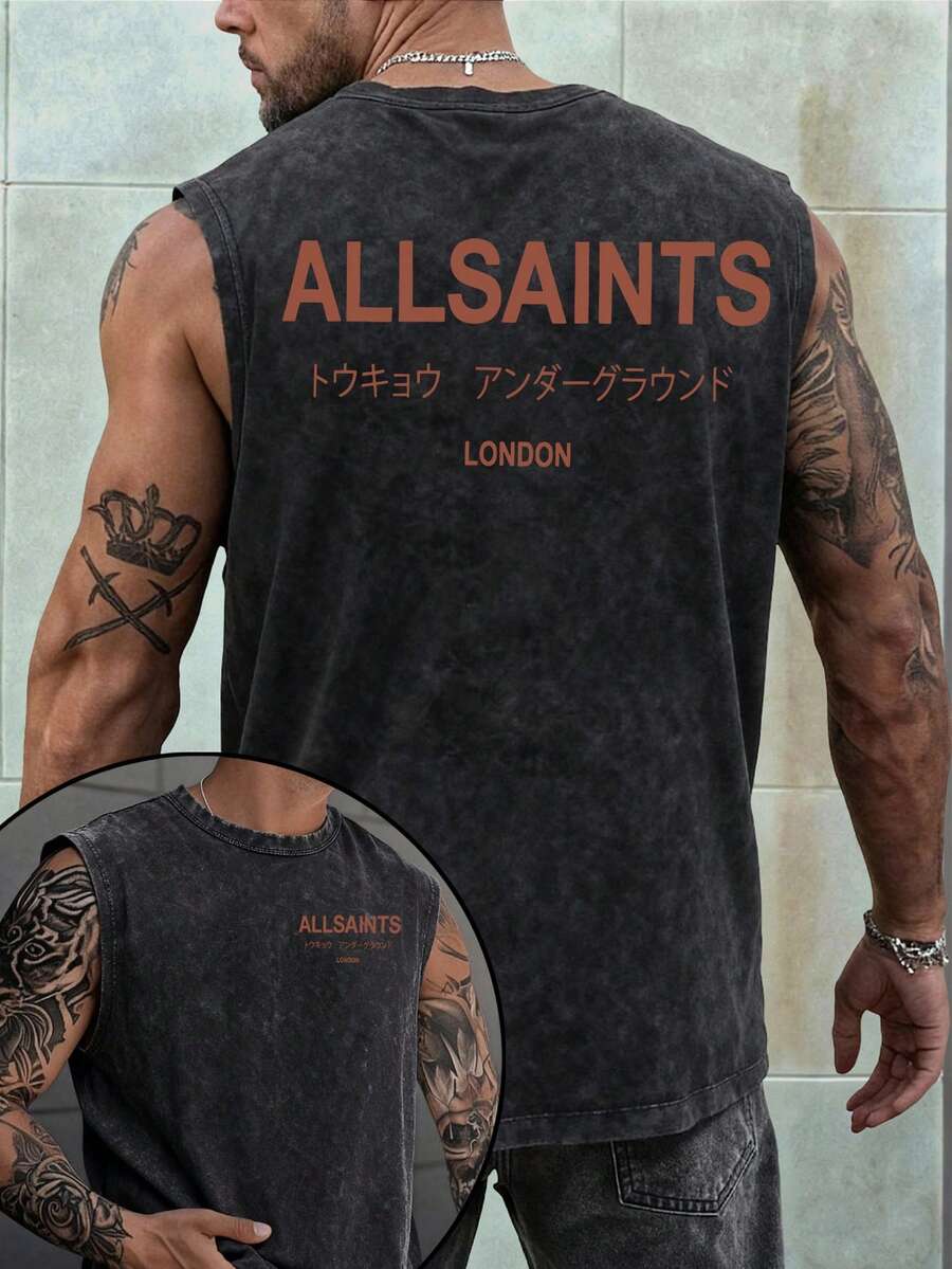Men's Printed Vintage Washed Vest, Loose Fit, Casual Street Style, An Essential Everyday Item. - Black - View 1