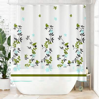 1pc Spring Leaf & Branch Shower Curtain, Polyester Fabric, Waterproof, Non-Shading, Suitable For Home And Bathroom Decor, Comes With 12 Hooks