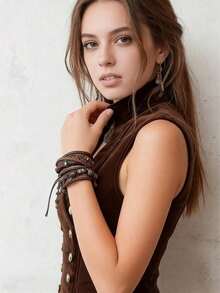 Navy Blue Retro Palace Style Vest - Double-Breasted Design, Made Of Soft And Comfortable Velvet Fabric, Ideal For Everyday Wear - màu nâu - Xem 4