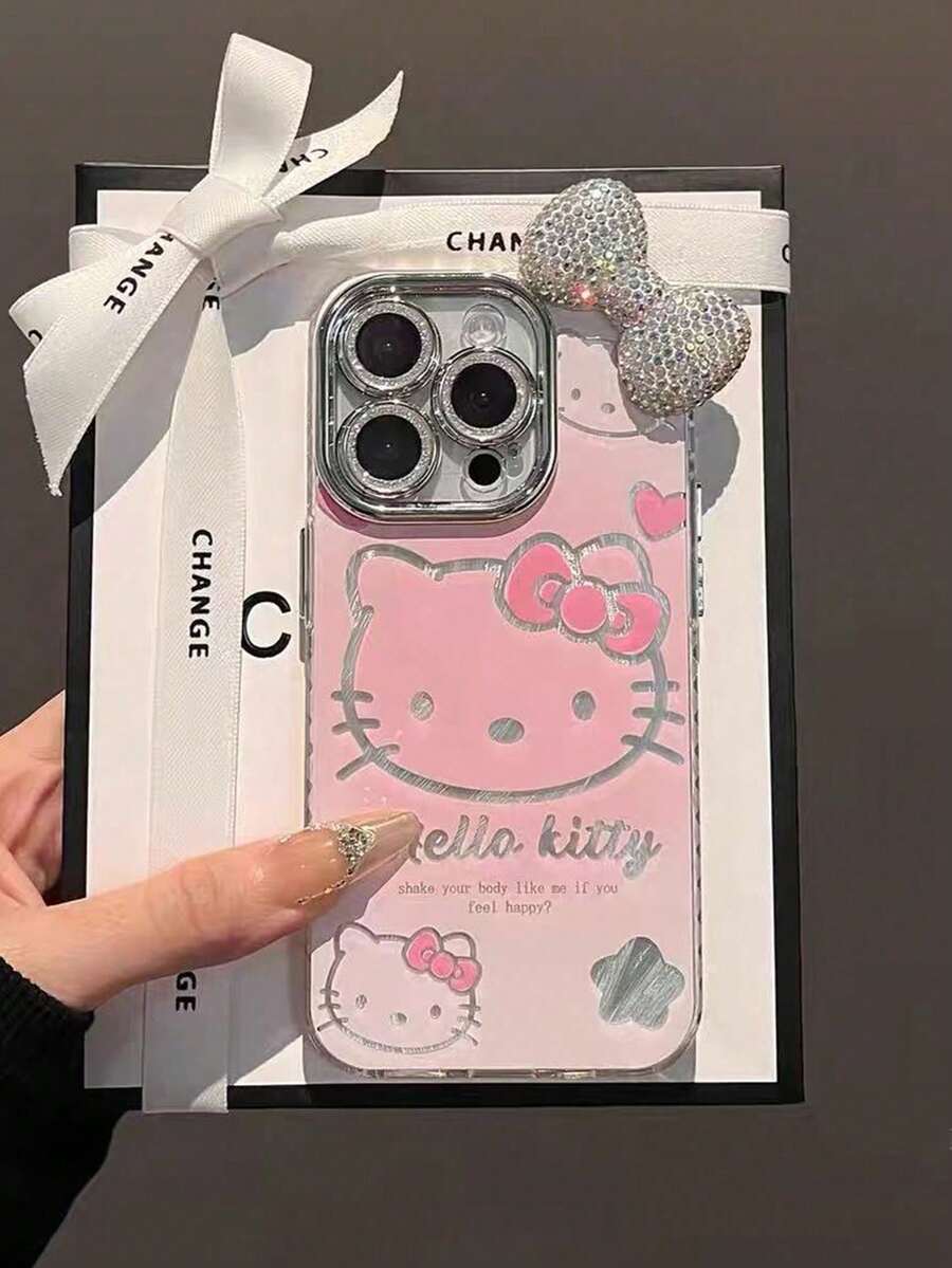 1pc Gradient Electroplated Glitter Cartoon Sanrio Hello Kitty Cat Rhinestone Bow TPU Shockproof Phone Case Cover For IPhone 11/12/13/14/15/16/17/Pro Max - Pink - View 1