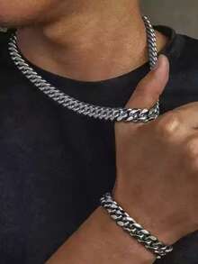 1件/1套 2026不锈钢项链和手链套装，男士时尚配饰 - 銀色 - 查看 2