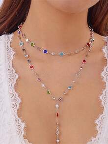 1件时尚彩色流苏项链，独特的Y形项链，适合派对、度假、送礼、日常佩戴 - 銀色 - 查看 2