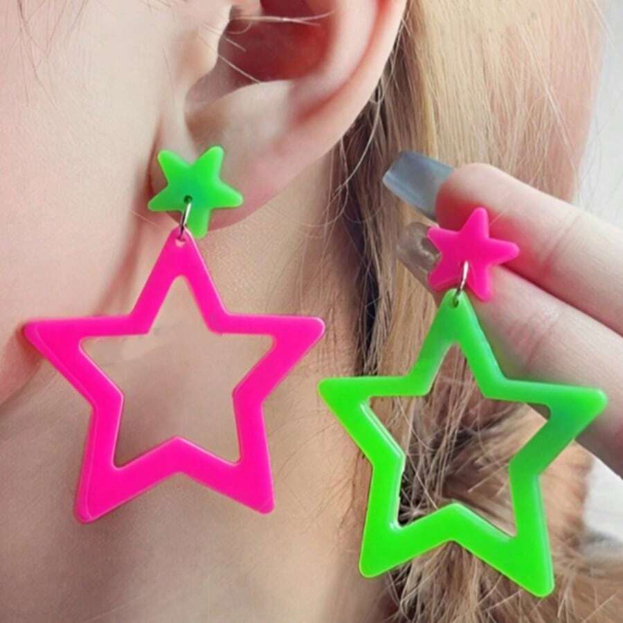 1对时尚镂空五角星亚克力耳环，简约风格，女士款 - 螢光色鏤空星 - 查看 1