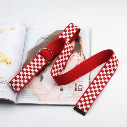 1 chiếc thắt lưng vải nylon mới, dây đeo eo đa năng thời trang với khóa vòng đôi, thắt lưng quần jeans in họa tiết kẻ caro.