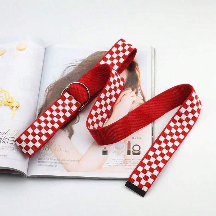 1条新款尼龙帆布腰带，时尚百搭双环扣腰带，格子印花牛仔腰带 - A - 查看 1