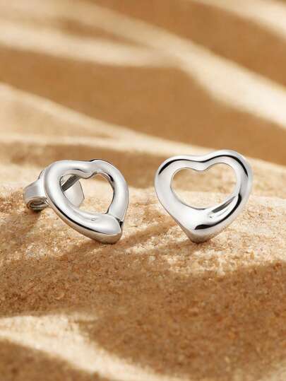 1pc 925 Silver Modern Minimalist Asymmetrical Hollow Heart Earrings, Suitable For Women, Ideal For Valentine's Day Gift, Daily Wear