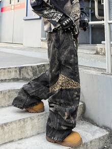 1pc Men'S Loose Black And Grey Denim Jeans |   Vintage Distressed Wash With Leopard Print Patches, Cargo Style With Multiple Panel Design, Y2K Street Hip-Hop Fashion, Available In Multiple Sizes (Belt And Additions Not Included) - Style - View 8