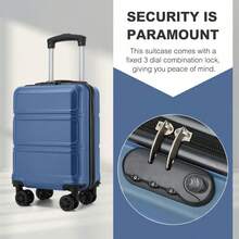 15-Inch Cabin Suitcase (40x30x20 Cm) Under-Seat Luggage, ABS/PC Hard Shell Trolley With 4 Removable 360° Swivel Wheels And 3-Digit Lock, Lightweight Small Travel Trolley For Christmas Holidays, New Year's Holidays, Solo Travel, Weekend City Breaks, Business Trips, Unisex For Women And Men - 海軍藍+黑色 - 查看 7