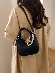 Fashionable Solid Color Retro Multifunctional Handbag, Niche Design Simple Texture Daily Crossbody Bag, Large Capacity Shoulder Bag With Flower Pendant, Suitable For Shopping, Commuting, Daily Outdoor Work Matching, Etc - Black - View 5