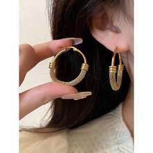 1pair Vintage Stainless Steel Round Hoop Earrings For Women With Geometric Metal Pendant, Fashion Jewelry Gift - Gold - View 6