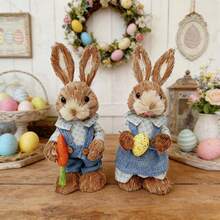 Easter Bunny Decoration Cute Straw Rabbit Figurines Table Centerpiece For Home Farmhouse Holiday Spring Party Tiered Tray Decor - 海軍藍色 - 查看 5