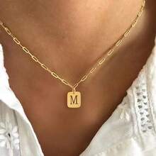 1 chiếc mặt dây chuyền chữ cái rỗng hình chữ nhật cổ điển mới, bằng thép không gỉ mạ vàng, kèm dây chuyền dạng kẹp giấy dành cho nữ. - Vàng - Xem 1