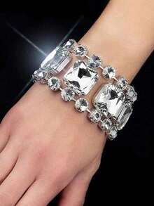 1pc Fashionable Minimalist Women's Rhinestone Bling Bracelet, Bridal Wedding Crystal Jewelry Hand Accessory - Silver - View 1